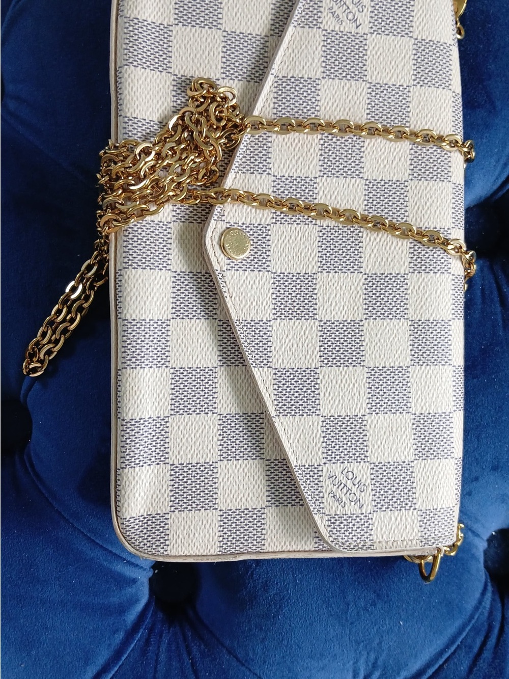 Louis Vuitton White and Light Gray Damier Azur Crossbody with Gold Chain